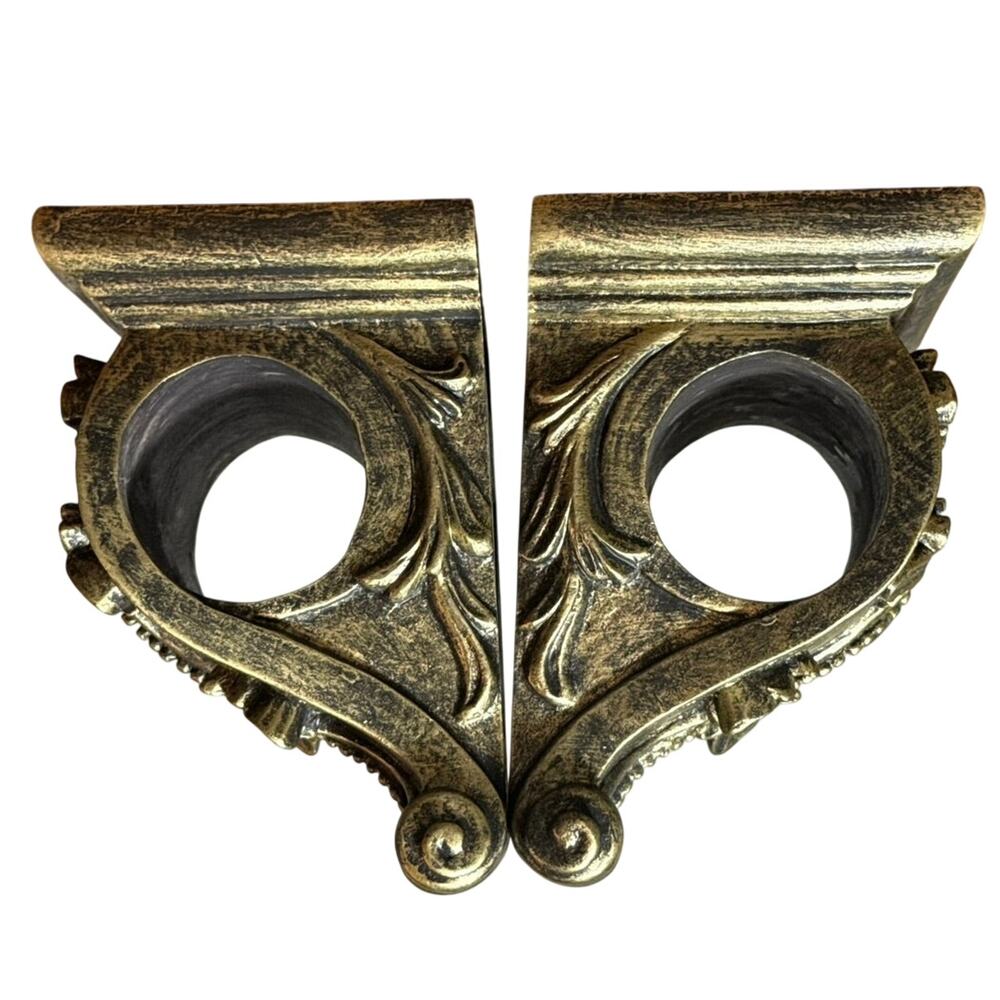 Vintage Gold Ornate Curtain Rod Brackets Pair Hollywood Regency Drapery Holders